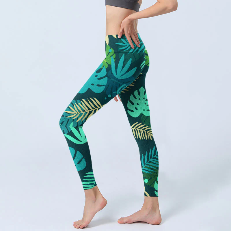 Buddha Stones Various Shapes Of Leaves Pattern Print Gym Leggings Women's Yoga Pants