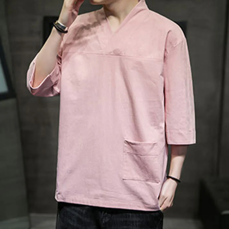 Buddha Stones Summer Casual Simple V-Neck Design Men's Cotton Linen Three Quarter Sleeve T-Shirt With Front Pocket