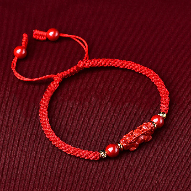 Buddha Stones Handcrafted Pixiu Cinnabar Ruyi Stick Wealth Luck Braided Bracelet