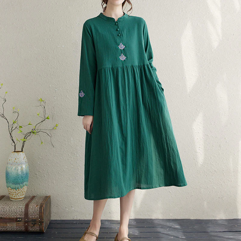 Buddha Stones Fall Ethnic Embroidery Cotton Linen Midi Dress With Pockets
