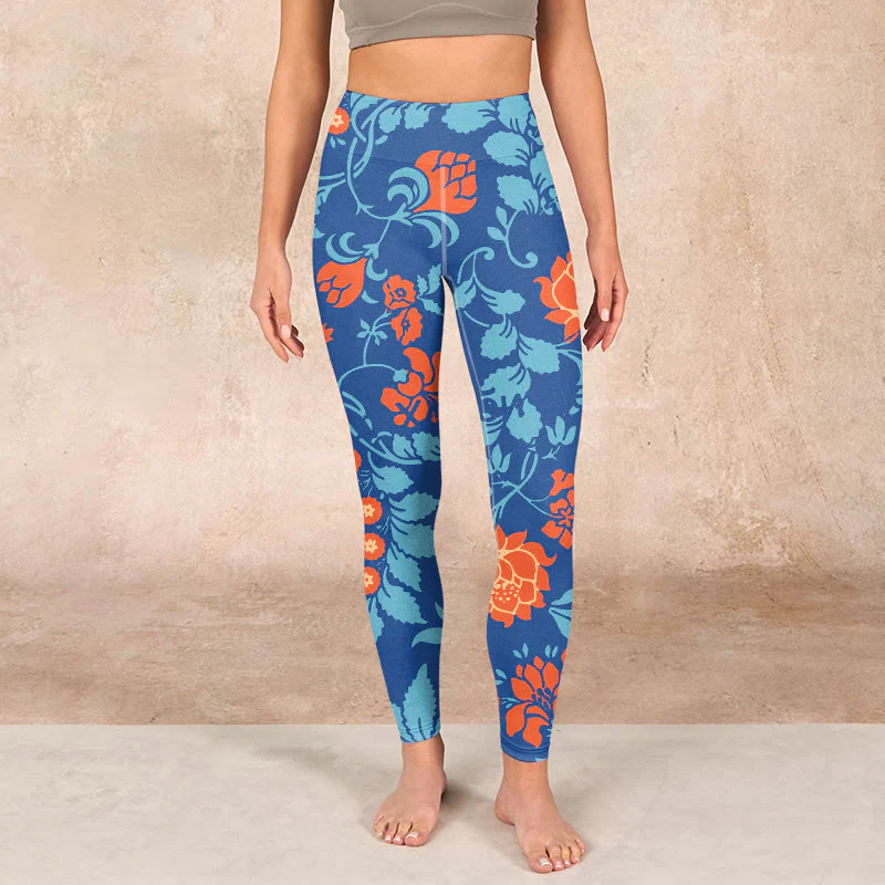Buddha Stones Steel Blue Red Tulips Flowers Leaves Print Gym Leggings Women's Yoga Pants