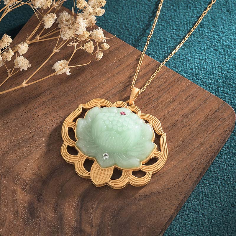 Buddha Stones Natural Jade Lotus Harmony Necklace Pendant