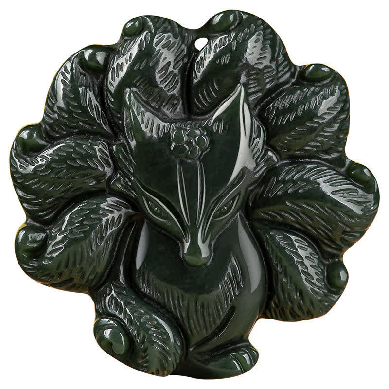 Buddha Stones Hetian Cyan Jade Nine Tailed Fox Luck Necklace String Pendant