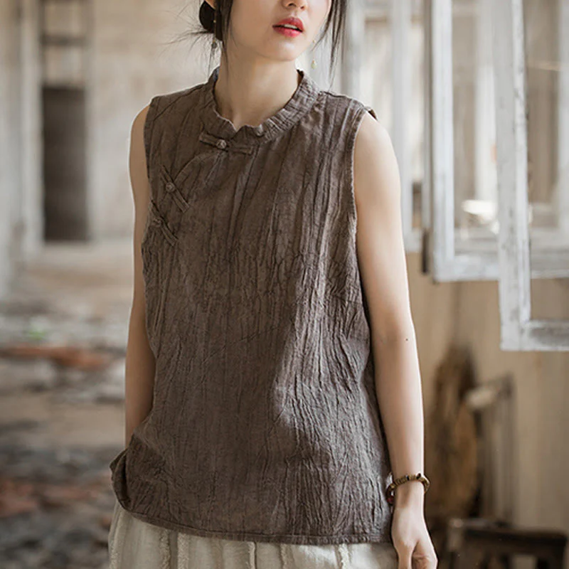 Buddha Stones Summer Tie-dye Frog-Button Ramie Cotton Sleeveless Women's Vest