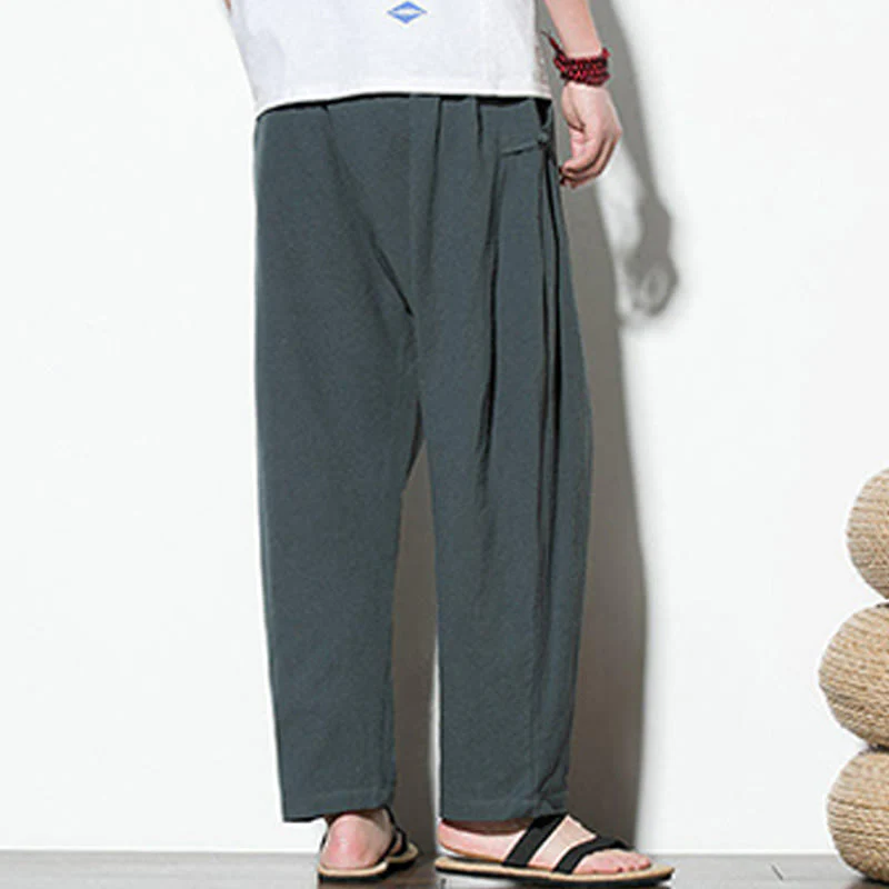 Buddha Stones Summer Side Frog-Button Design Men's Cotton Linen Pants With Pockets