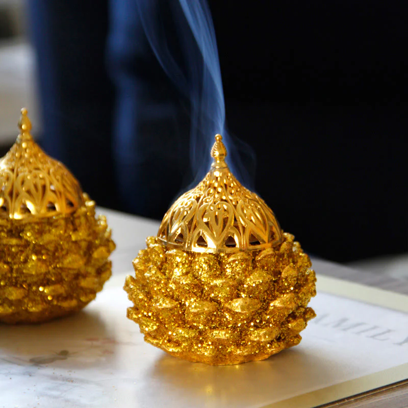 Buddha Stones Gold Pine Cone Pattern Spiritual Rituals Mini Incense Burner Home Tabletop Decor