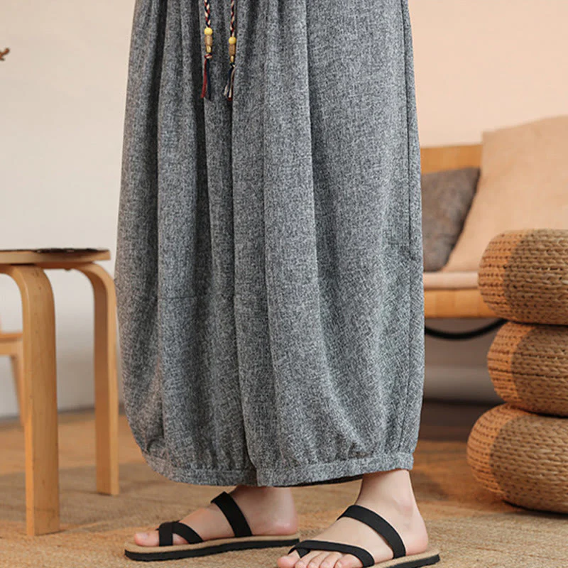 Buddha Stones Summer Characters Embroidery Drawstring Men's Cropped Ankle-Length Harem Pants With Pockets