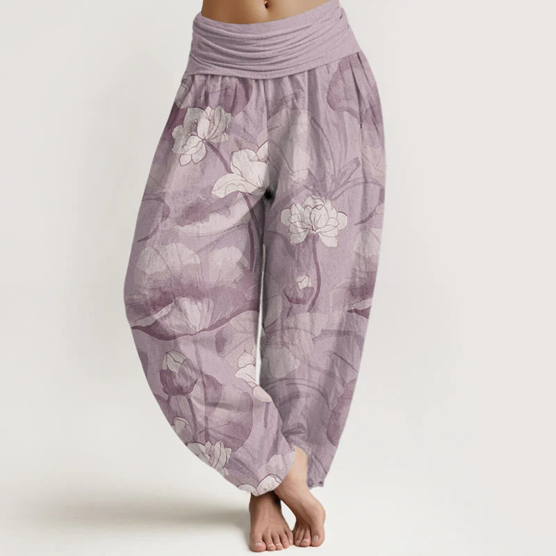 Buddha Stones Pure Cotton Lotus Design Women's Elastic Waist Harem Pants