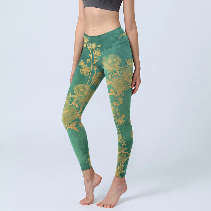 Buddha Stones Green Background Golden Branches Peony Flowers Pattern Print Gym Leggings Women's Yoga Pants