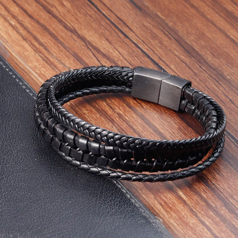 Buddha Stones Simple Braided Pattern Titanium Steel Strengthen Multi-layer Leather Buckle Bracelet