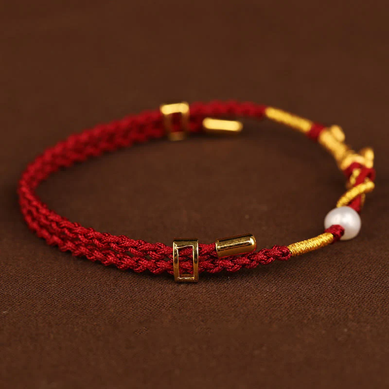 Buddha Stones 24K Gold Wish Ruyi Handle Fu Character Rabbit Pearl Luck Braided Bracelet