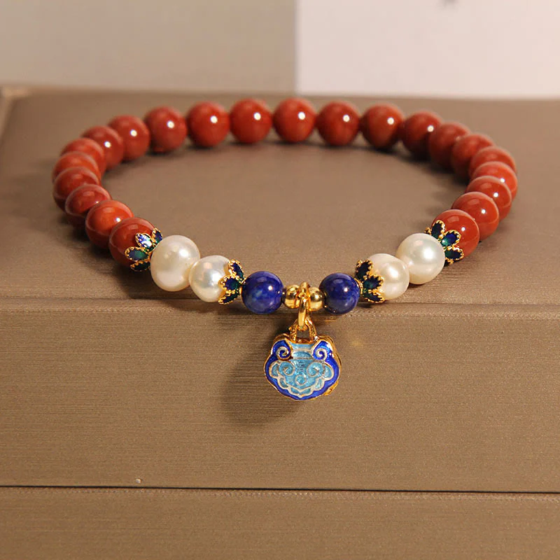 Buddha Stones Natural South Red Agate Pearl Peace Lock Charm Positive Bracelet