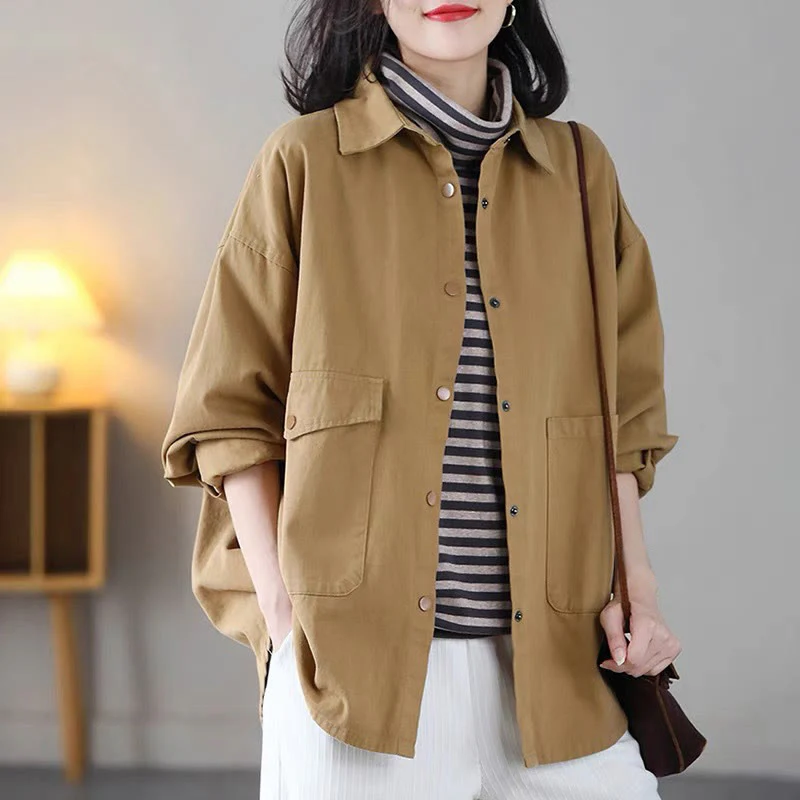 Buddha Stones Vintage Casual Pure Color Lapel Women's Cotton Jacket With Pockets