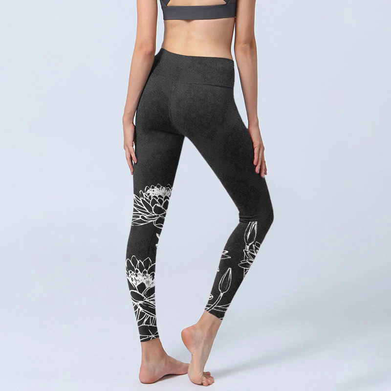 Buddha Stones White Sketch Lotus Flowers Leaves Print Gym Leggings Women's Yoga Pants