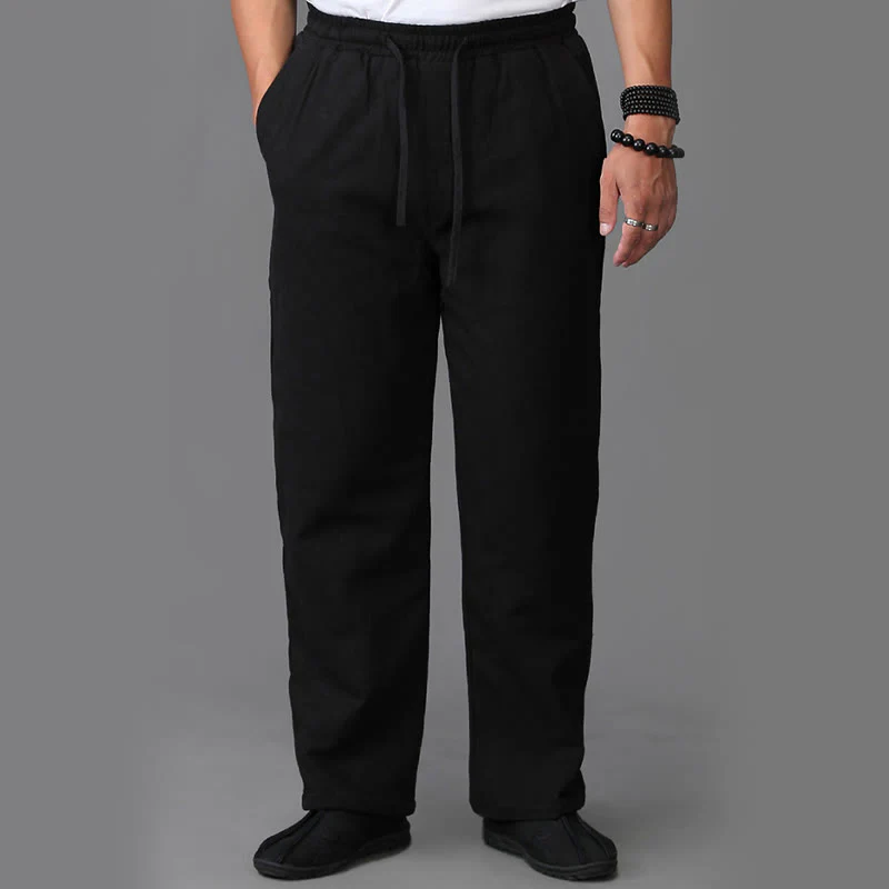 Buddha Stones Winter Men's Fleece Lined Drawstring Linen Pants With Pockets