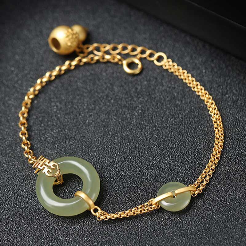 Buddha Stones Round Jade Peace Buckle Gourd Fu Character Auspicious Prosperity Chain Bracelet