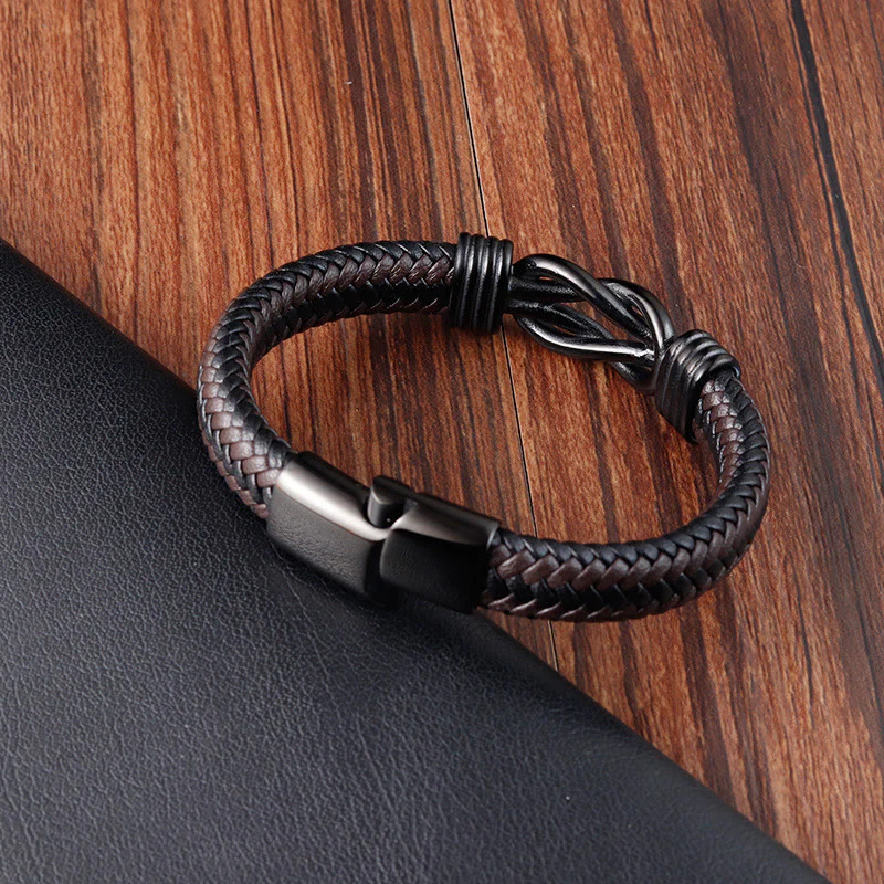 Buddha Stones Endless Knot Pattern Titanium Steel Balance Leather Buckle Bracelet