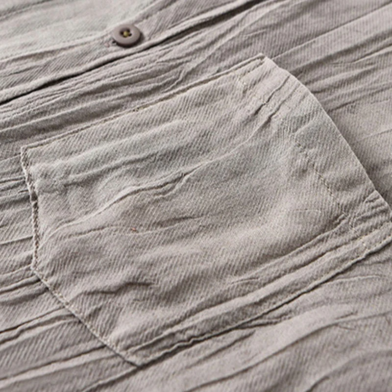 Buddha Stones Retro Pleats Buttons Men's Long Sleeve Ramie Linen Shirt With Pockets