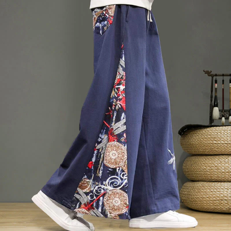 Buddha Stones Crane Embroidery Drawstring Men's Cotton Linen Wide Leg Pants With Pockets