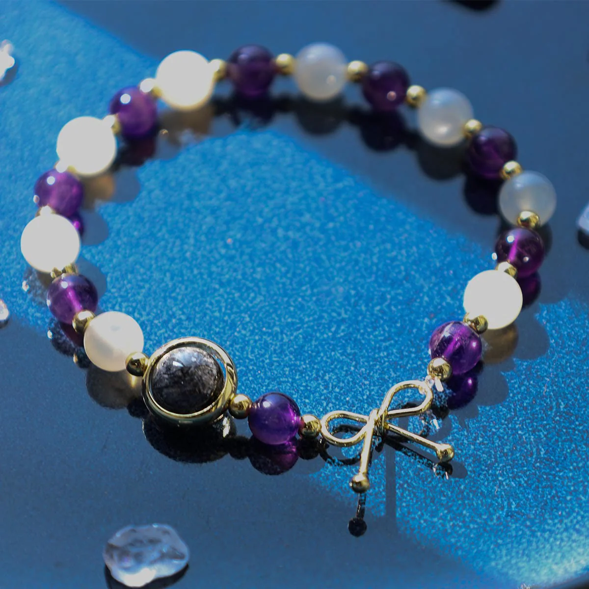 Buddha Stones Amethyst Cat Eye Black Rutilated Quartz Spiritual Bead Bracelet