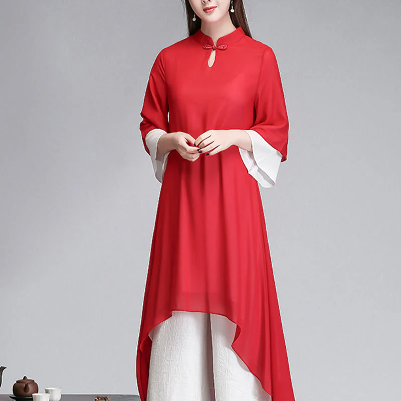 Buddha Stones Solid Women's Three Quarter Sleeve Chiffon Irregular Shirt Dress Wide Leg Pants Meditation Clothing