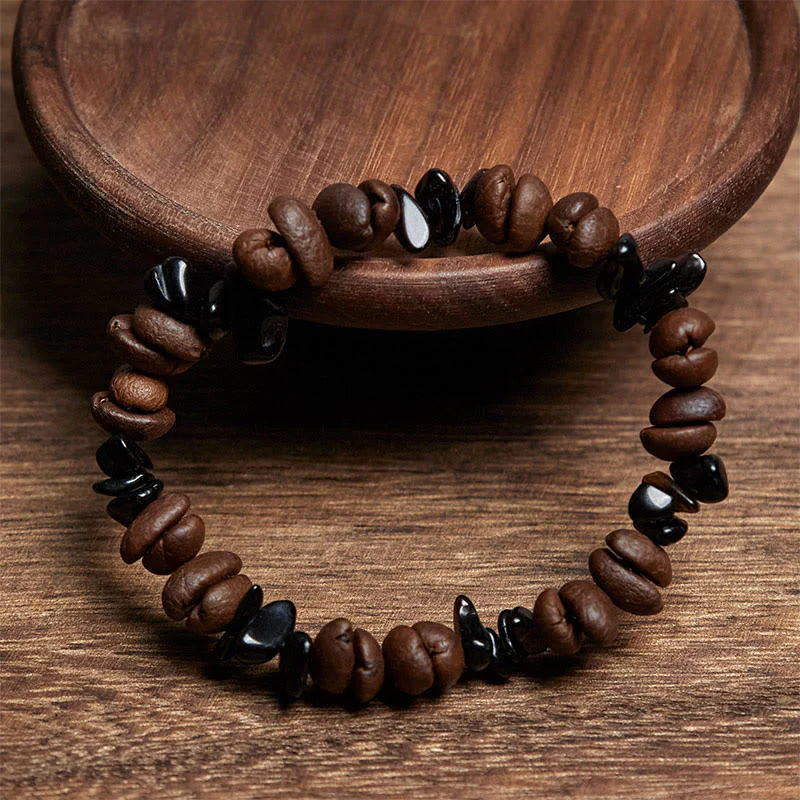 Buddha Stones Natural Coffee Beans Black Obsidian Rutilated Quartz Strength Bracelet