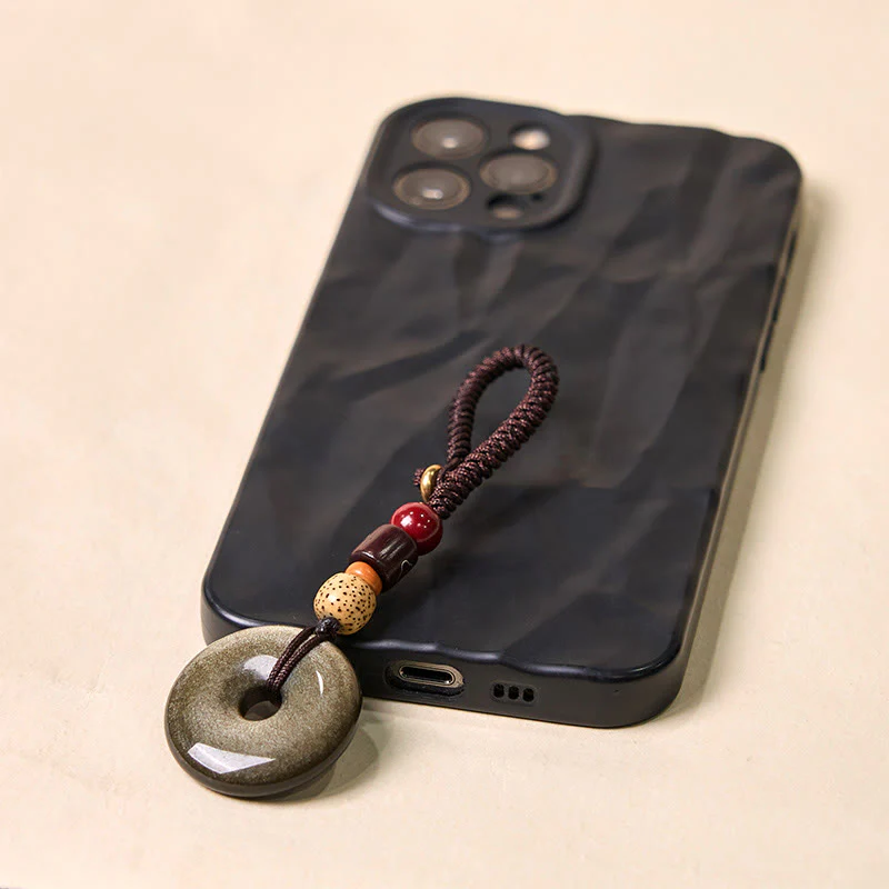 Buddha Stones Natural Gold Sheen Obsidian Peace Buckle Strengthen Key Chain