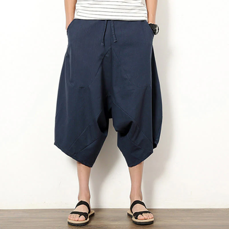 Buddha Stones Spring Plain Simple Patchwork Design Drawstring Cotton Linen Men's 7-8 Length Wide Leg Pants With Pockets