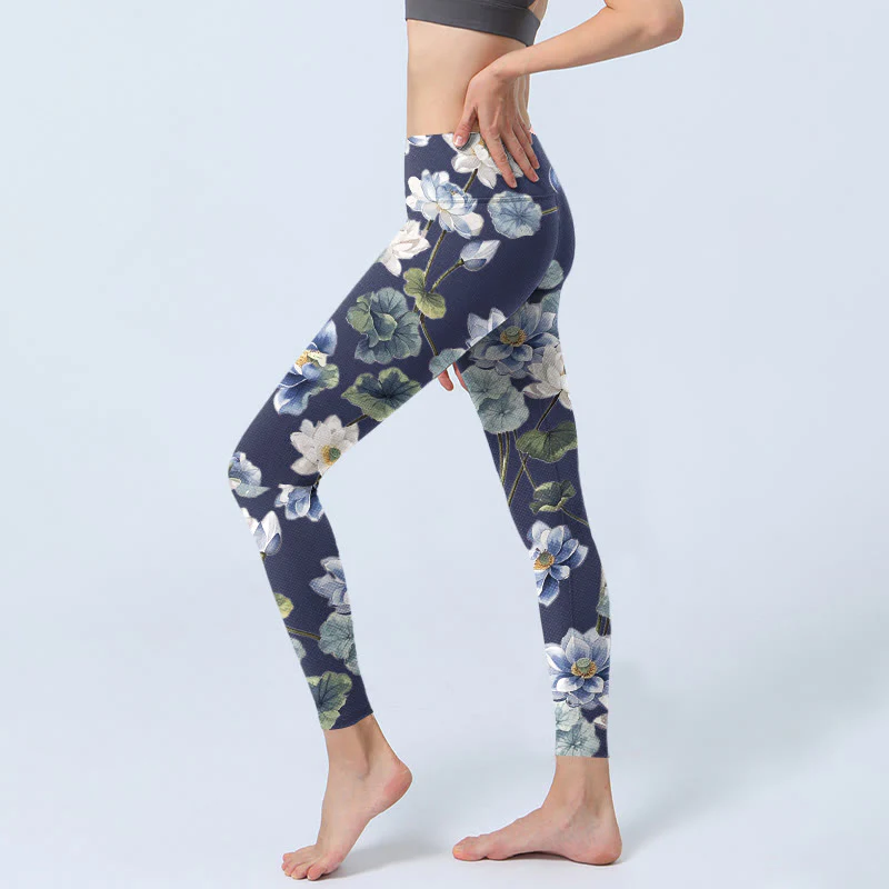Buddha Stones Blue White Lotus Flowers Oil Painting Print Gym Leggings Women's Yoga Pants