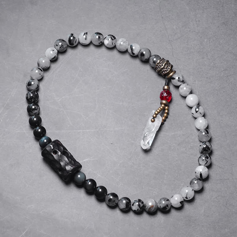 Buddha Stones Black Rutilated Quartz Ebony Wood White Crystal Success Couple Bracelet