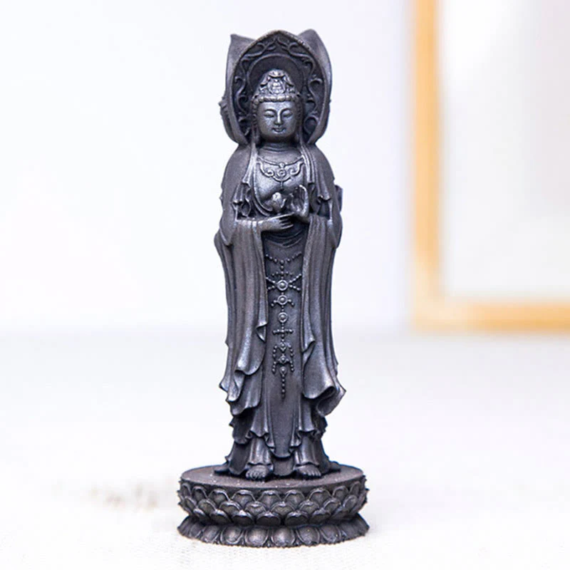 Buddha Stones Three-sided Kwan Yin Avalokitesvara Iron Powder Rust Cast Resin Statue Wealth Desk Decoration