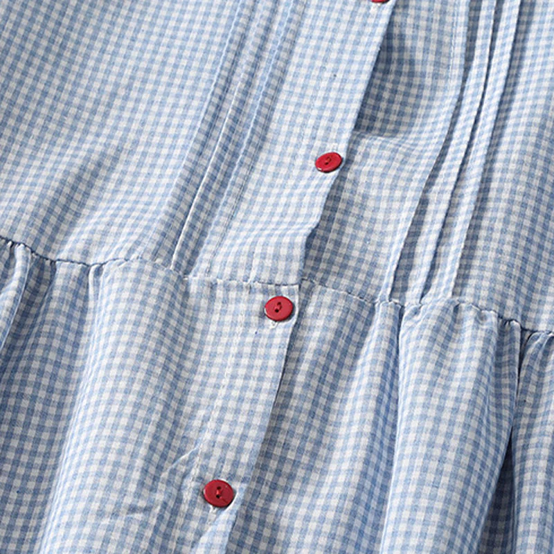 Buddha Stones Casual Plaid Pattern Long Lantern Sleeve Cotton Linen Midi Dress With Pockets