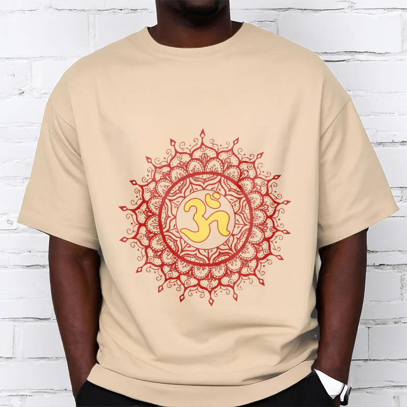 Buddha Stones Casual Red Mandala Om Symbol Pattern Cotton Tee T-shirt