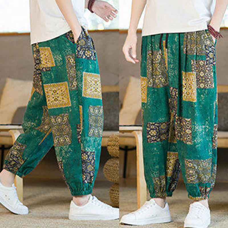 Buddha Stones Summer Square Patchwork Cotton Linen Men's Ankle-Length Harem Pants With Pockets