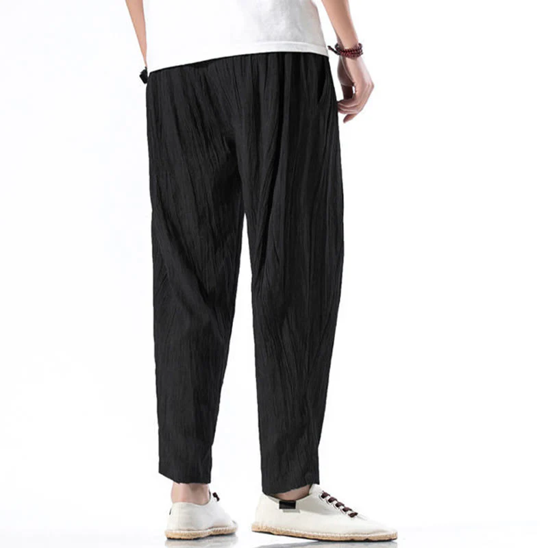 Buddha Stones Casual Plain Pleated Design Drawstring Men's Long Cotton Linen Harem Pants With Pockets
