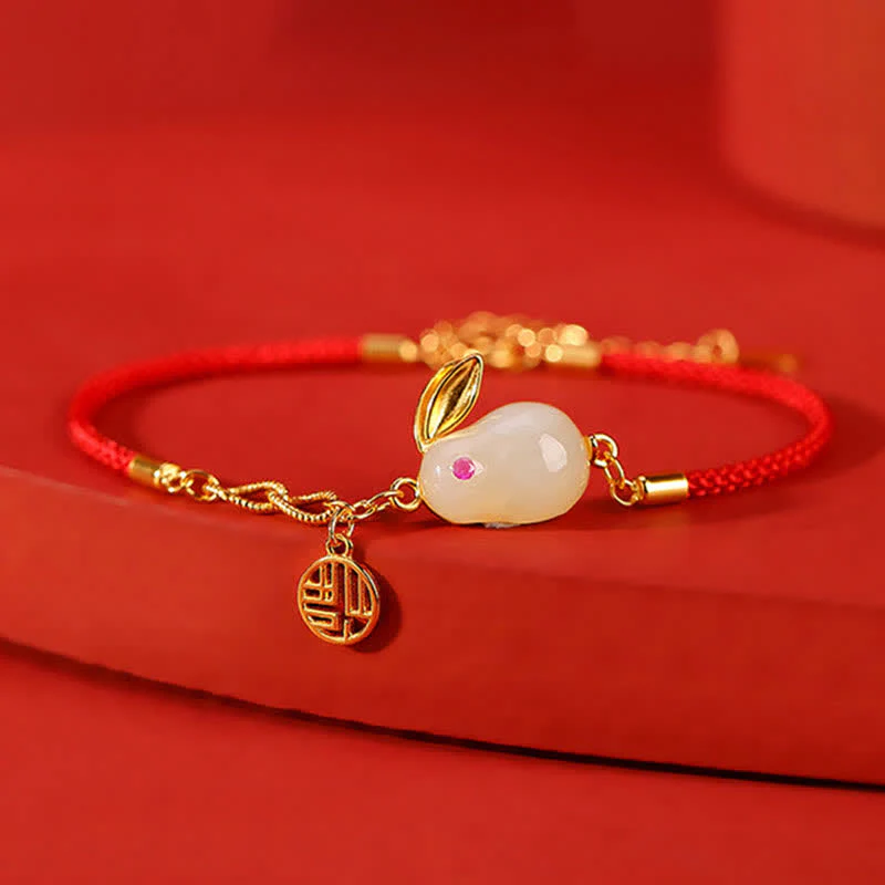 Buddha Stones 925 Sterling Silver Year of the Rabbit Hetian White Jade Luck Blessing Red String Bracelet