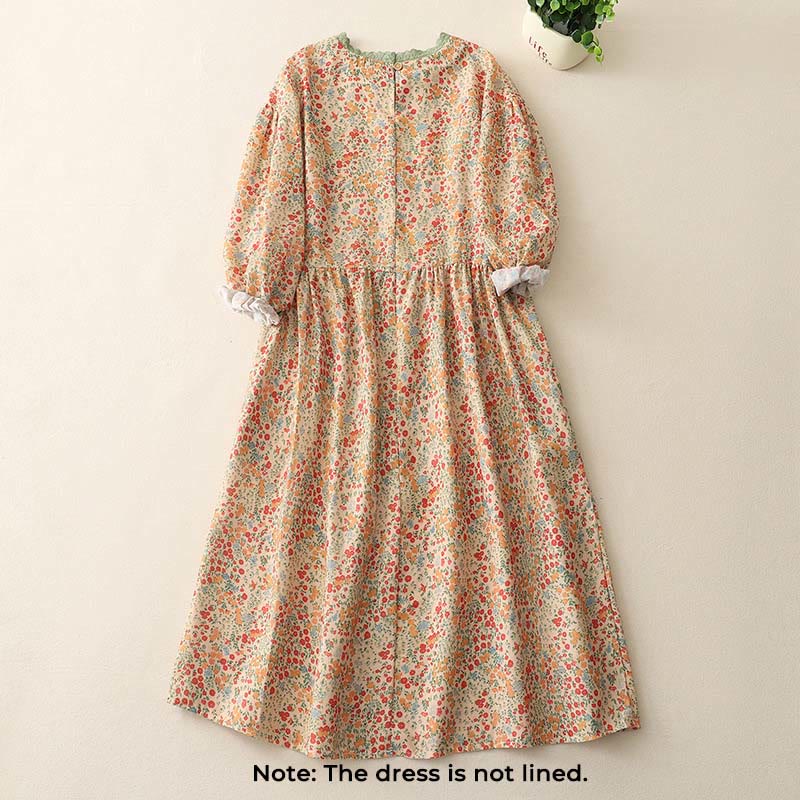 Buddha Stones Casual Floral Lace Crew Neck Balloon Long Sleeve Cotton Linen Midi Dress With Pockets