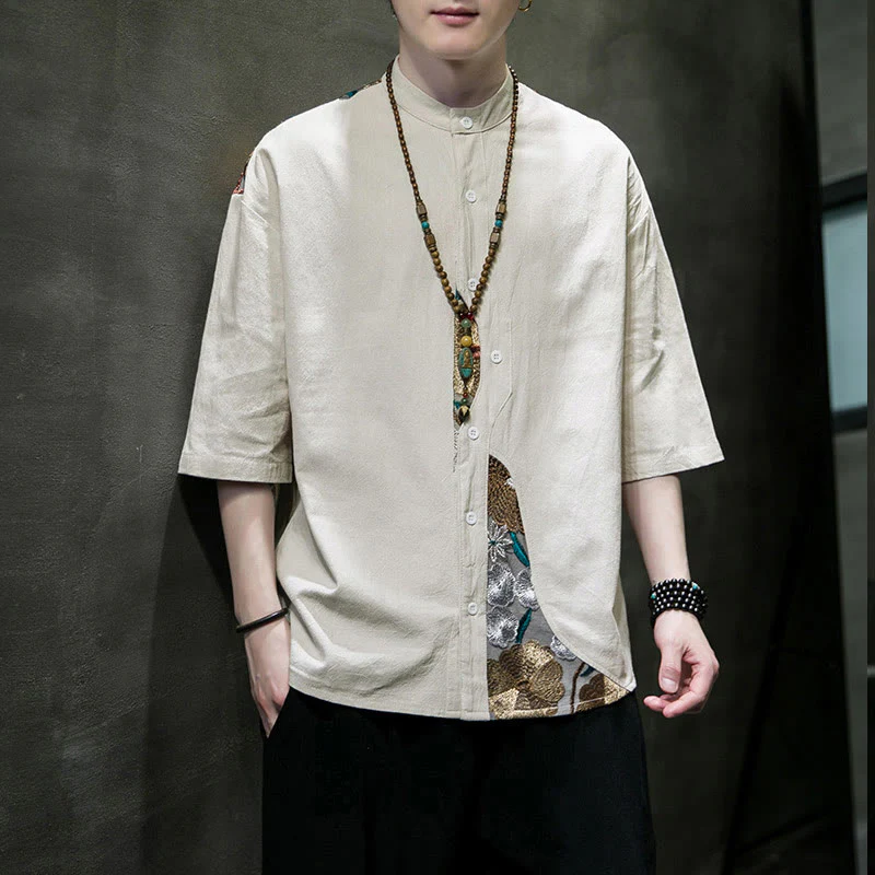 Buddha Stones Embroidery Patchwork Simple Design Three Quarter Sleeve Men's Cotton Linen Shirt