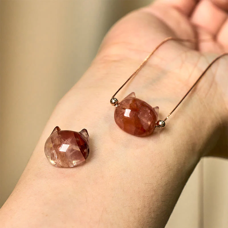 Buddha Stones 925 Sterling Silver Cat Head Natural Red Flower Quartz Protection Necklace Pendant