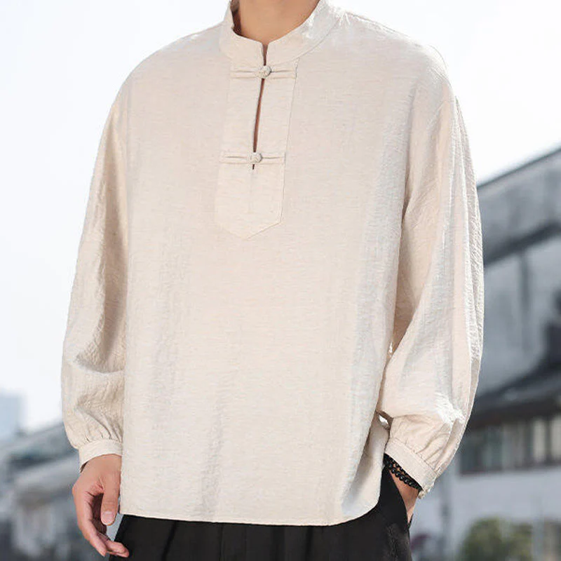 Buddha Stones Two Frog-Button Stand Collar Long Sleeve Men's Cotton Shirt