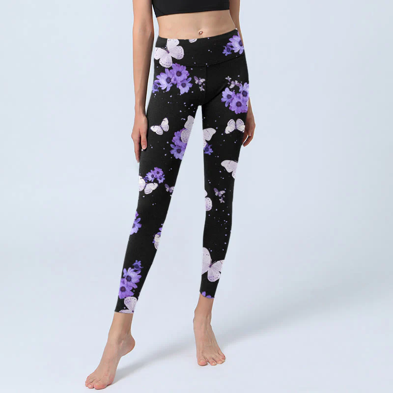 Buddha Stones Purple Floral Butterfly Print Exercise Leggings Women's Yoga Pants