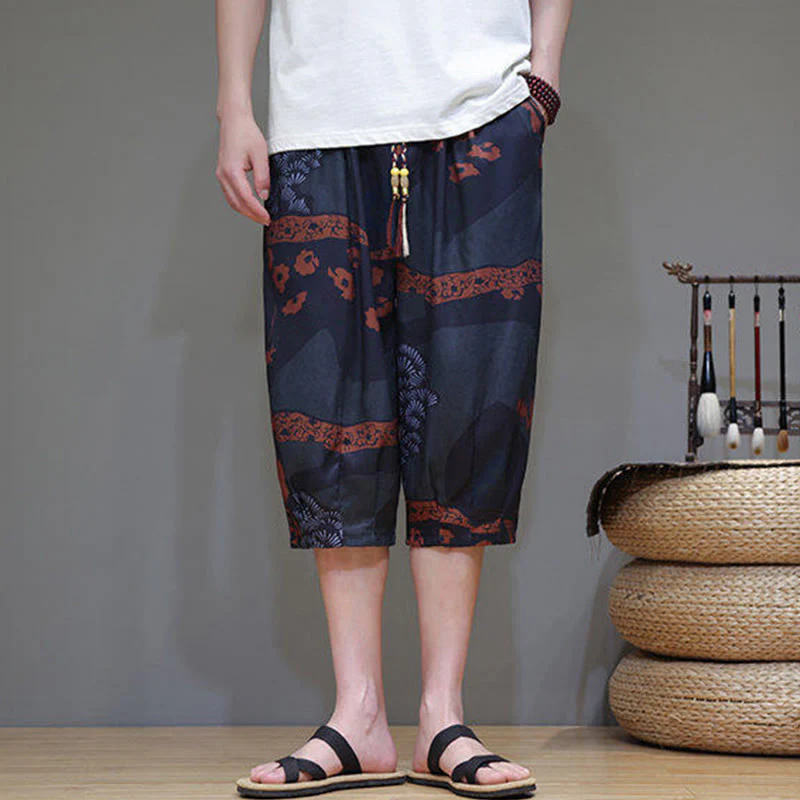 Buddha Stones Summer Bamboo Leaves Flowers Cotton Linen Men's Capri Pants With Pockets
