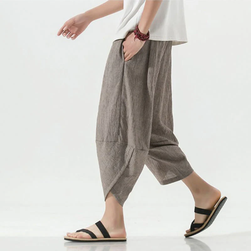 Buddha Stones Plain Simple Design Drawstring 7-8 Length Linen Men's Harem Pants With Pockets