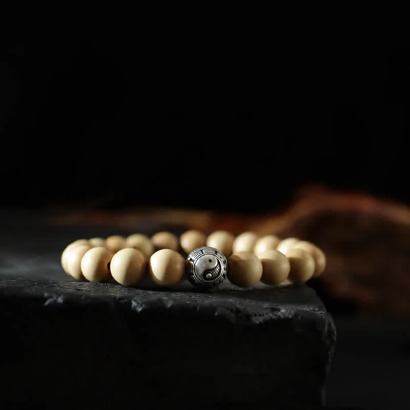 Buddha Stones Tibet Peach Wood Lotus Cinnabar Bagua Yin Yang Luck Wealth Bracelet