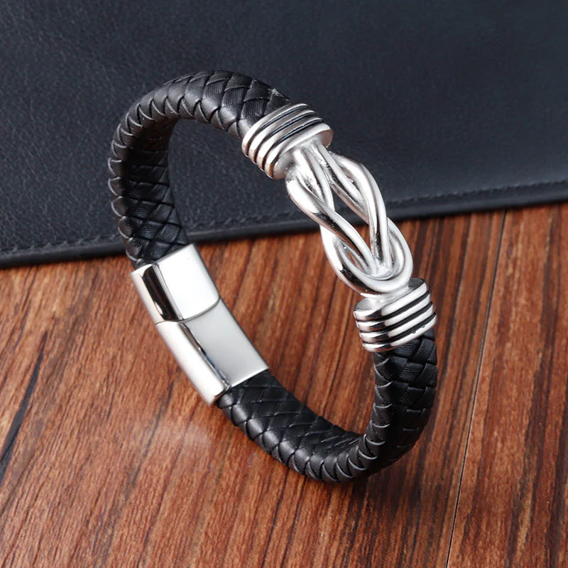 Buddha Stones Endless Knot Pattern Titanium Steel Balance Leather Buckle Bracelet