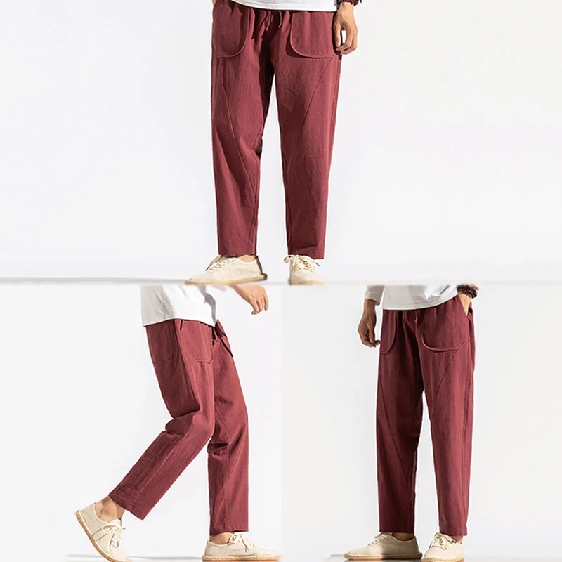 Buddha Stones Retro Casual Drawstring Design Men's Harem Cotton Plain Pants With Pockets