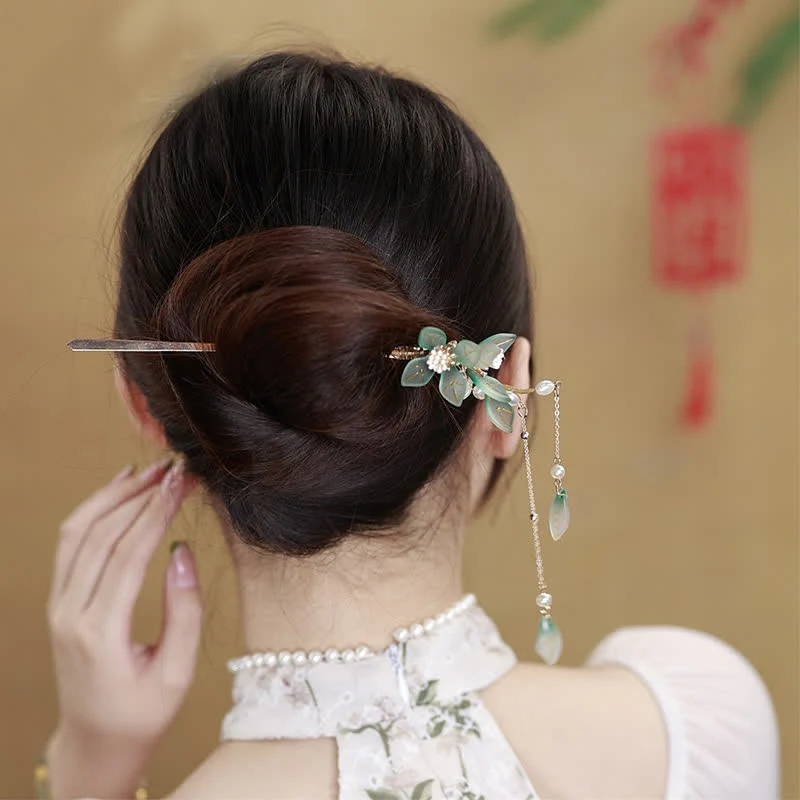 Buddha Stones Flower Leaf Pearl Peace Tassel Hairpin
