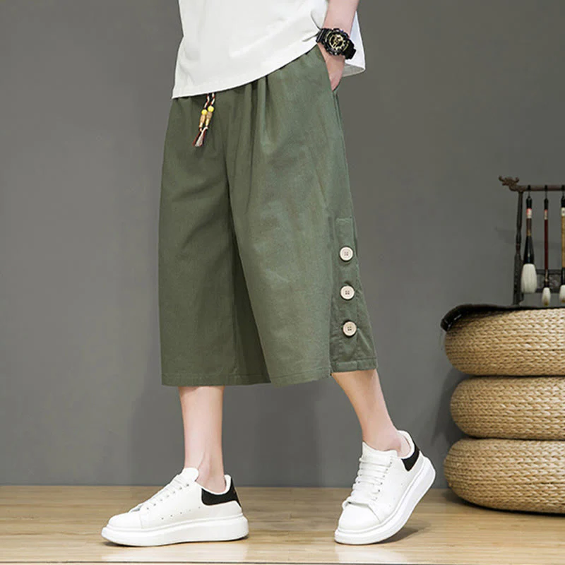 Buddha Stones Casual Plain Side Button Design Drawstring Men's Cotton Cropped Pants With Pockets