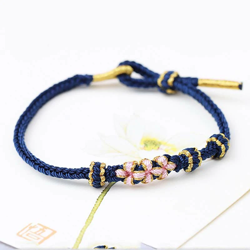 Buddha Stones Handmade Three Peach Blossoms Luck Eight Strands Braided String Bracelet