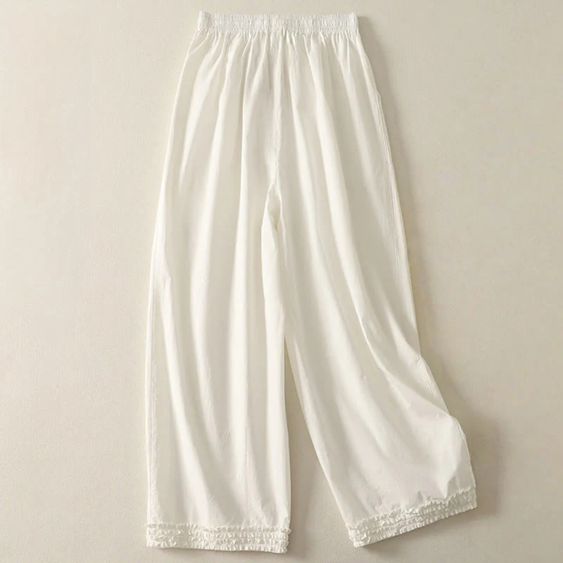 Buddha Stones Casual Ruffle Hem Patchwork Design Drawstring Ankle-length Women's Cotton Pants With Pockets